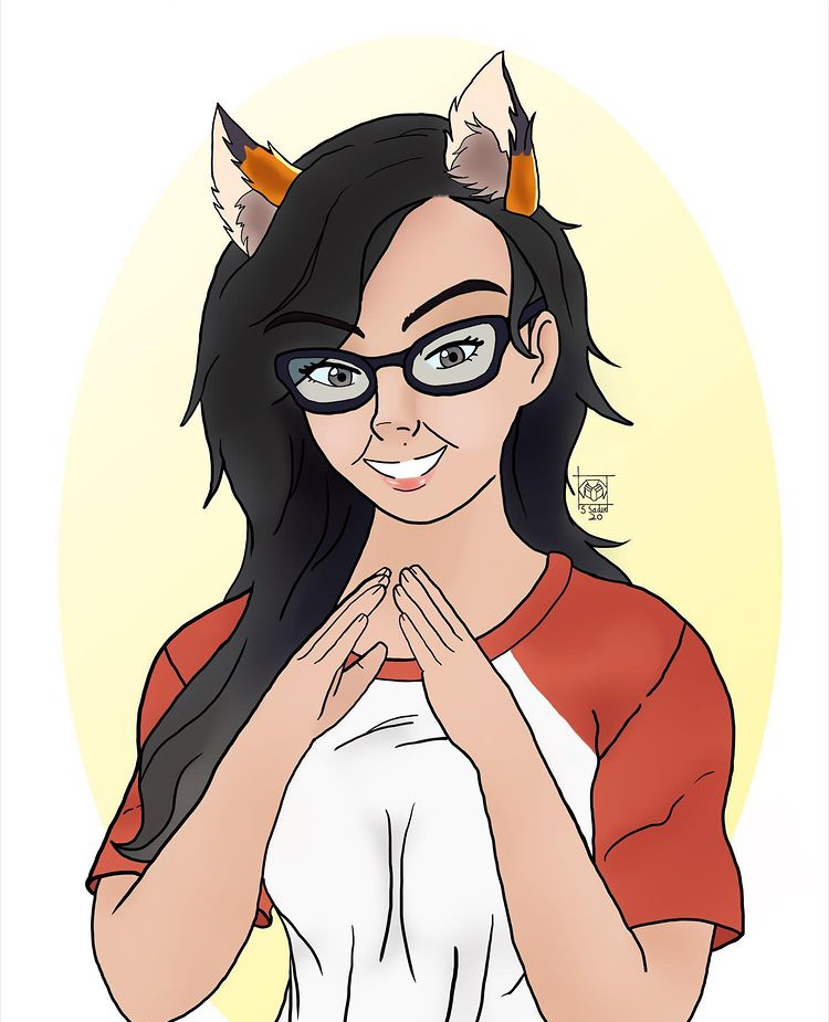 A Cartoon style drawing of a dark haired girl with black glasses in a white and orange baseball shirt with fox ears on her head.